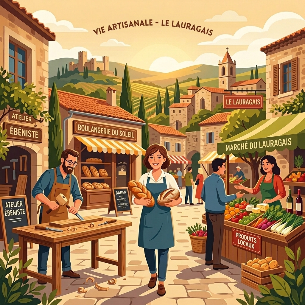 Scène artisanale du Lauragais : boulangerie, marché local et artisans
